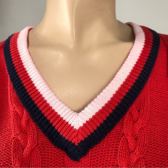 Vintage THE FOX Collection V-neck knit sweater long sleeve cotton red,white - Picture 7 of 16